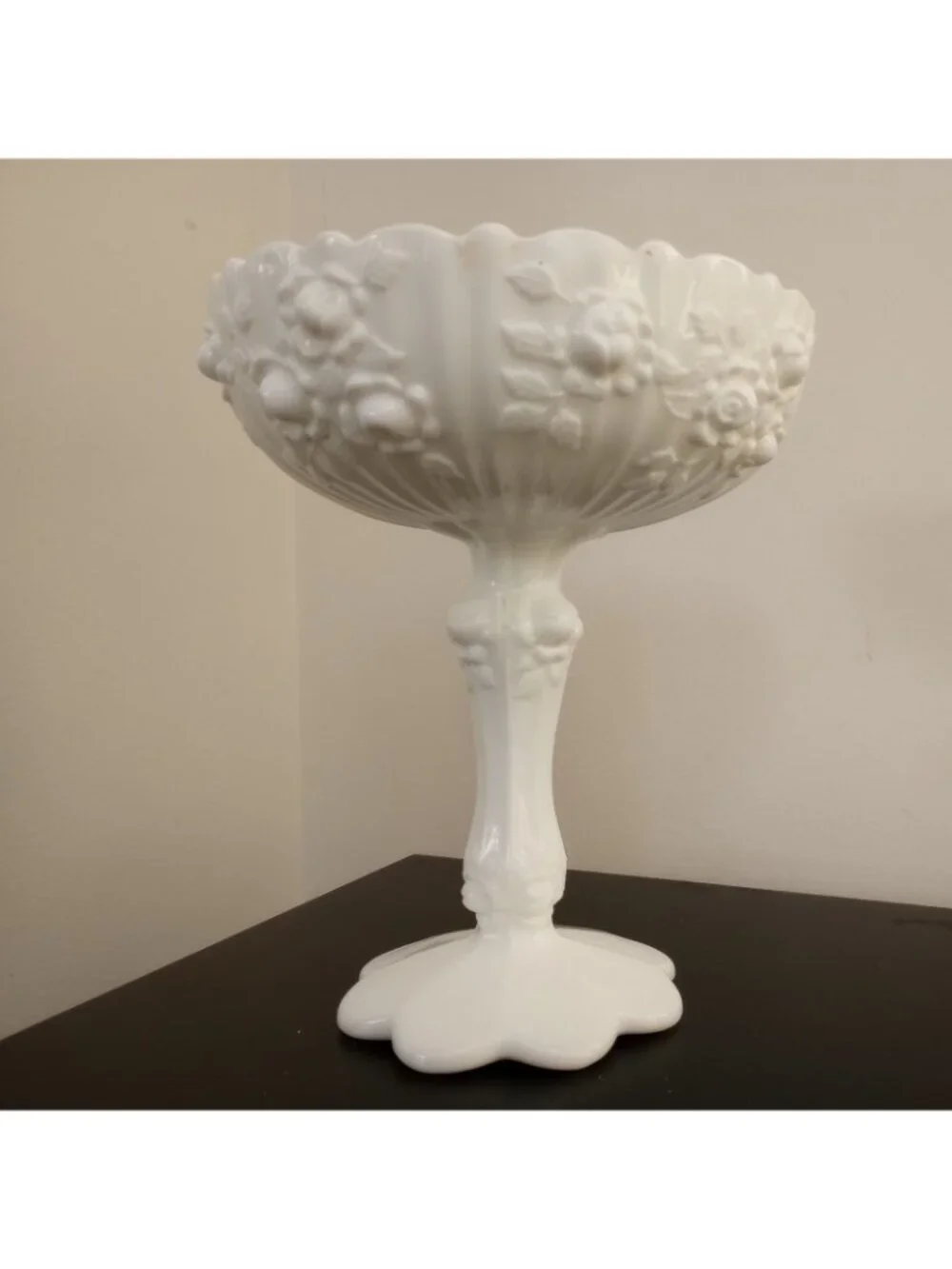 Fenton Milk Glass Scalloped Chalice Roses White Pedestal Candy Dish Vintage